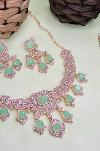 Green rose gold premium designer american diamond and stone work necklace set