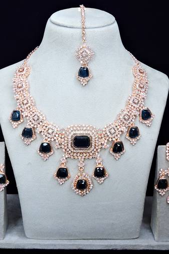 Blue rose gold premium designer american diamond and stone work necklace set