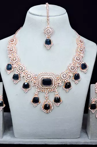 Blue rose gold premium designer american diamond and stone work necklace set