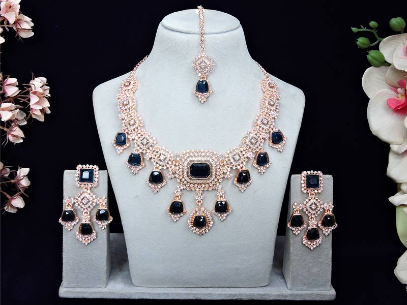 Blue rose gold premium designer american diamond and stone work necklace set