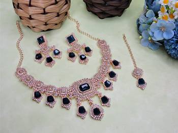 Blue rose gold premium designer american diamond and stone work necklace set 2