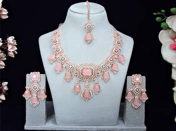 Pink rose gold premium designer american diamond and stone work necklace set 1