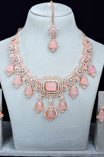 Pink rose gold premium designer american diamond and stone work necklace set