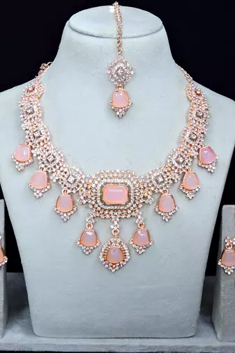 Pink rose gold premium designer american diamond and stone work necklace set