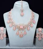 Pink rose gold premium designer american diamond and stone work necklace set