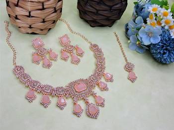 Pink rose gold premium designer american diamond and stone work necklace set 2