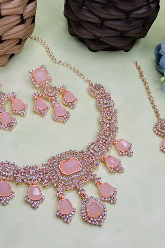 Pink rose gold premium designer american diamond and stone work necklace set