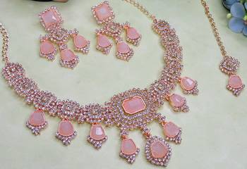 Pink rose gold premium designer american diamond and stone work necklace set 3