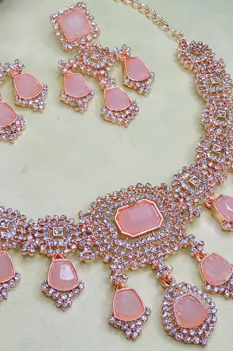 Pink rose gold premium designer american diamond and stone work necklace set