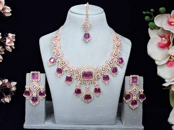Purple rose gold premium designer american diamond and stone work necklace set 1