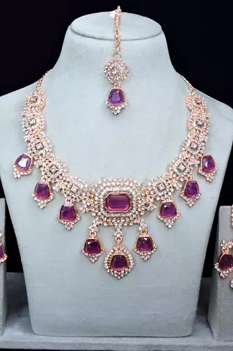 Purple rose gold premium designer american diamond and stone work necklace set