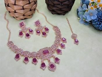 Purple rose gold premium designer american diamond and stone work necklace set 2