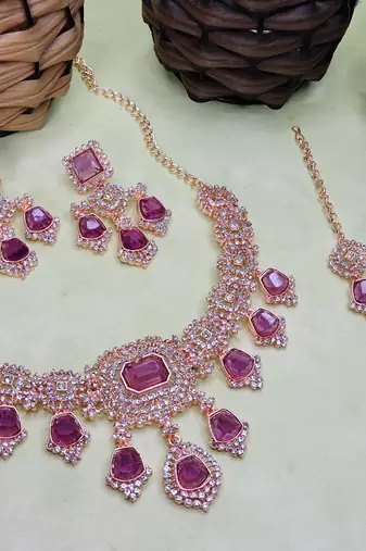 Purple rose gold premium designer american diamond and stone work necklace set
