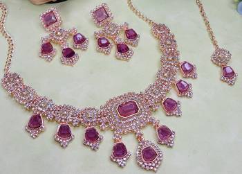Purple rose gold premium designer american diamond and stone work necklace set 3