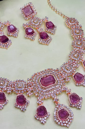 Purple rose gold premium designer american diamond and stone work necklace set