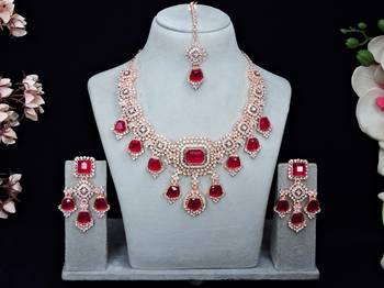 Pink rose gold premium designer american diamond and stone work necklace set 1
