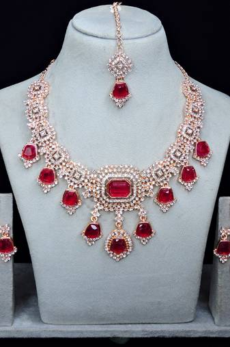 Pink rose gold premium designer american diamond and stone work necklace set