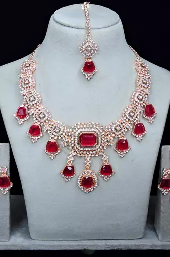 Pink rose gold premium designer american diamond and stone work necklace set