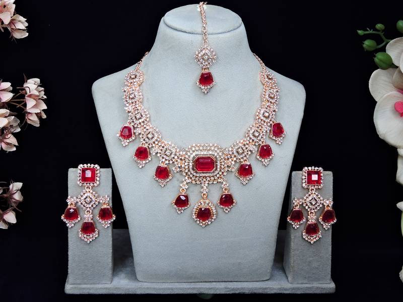 Pink rose gold premium designer american diamond and stone work necklace set