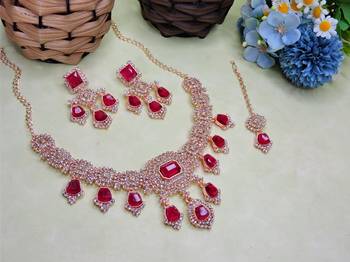 Pink rose gold premium designer american diamond and stone work necklace set 2
