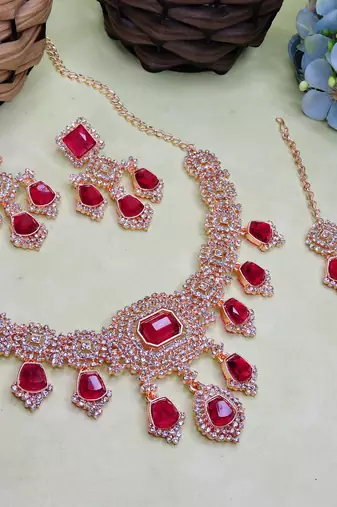 Pink rose gold premium designer american diamond and stone work necklace set