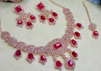 Pink rose gold premium designer american diamond and stone work necklace set 3