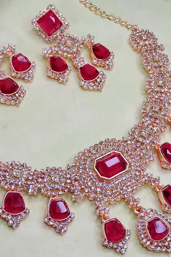 Pink rose gold premium designer american diamond and stone work necklace set