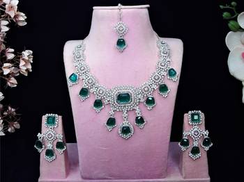 Green rhodium premium designer american diamond and stone work necklace set 1