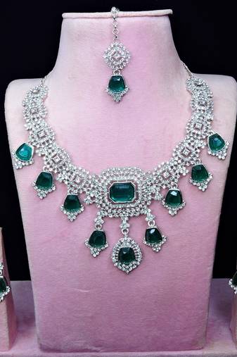 Green rhodium premium designer american diamond and stone work necklace set