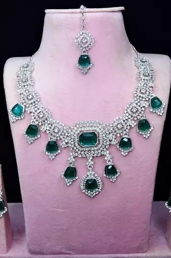 Green rhodium premium designer american diamond and stone work necklace set