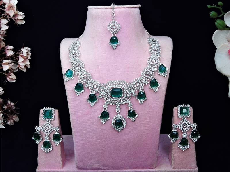 Green rhodium premium designer american diamond and stone work necklace set