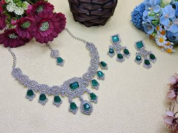 Green rhodium premium designer american diamond and stone work necklace set 2