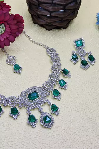 Green rhodium premium designer american diamond and stone work necklace set