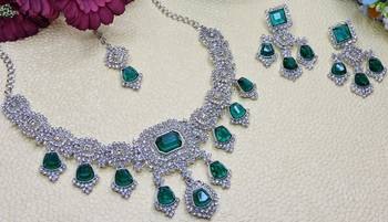 Green rhodium premium designer american diamond and stone work necklace set 3
