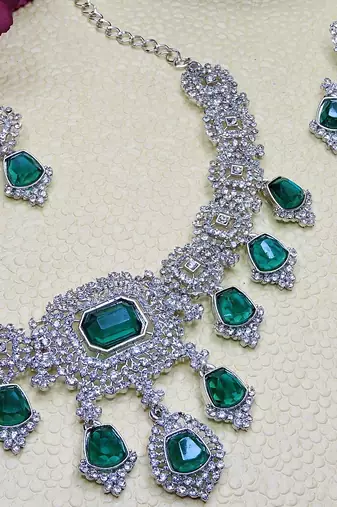 Green rhodium premium designer american diamond and stone work necklace set