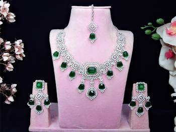 Green rhodium premium designer american diamond and stone work necklace set 1