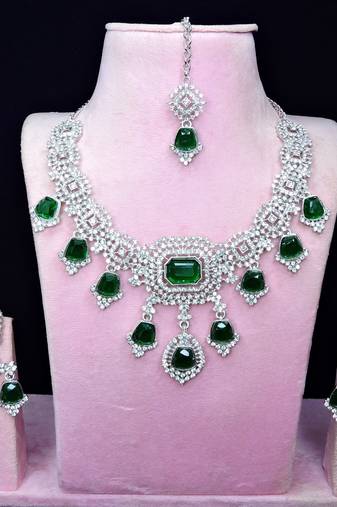 Green rhodium premium designer american diamond and stone work necklace set