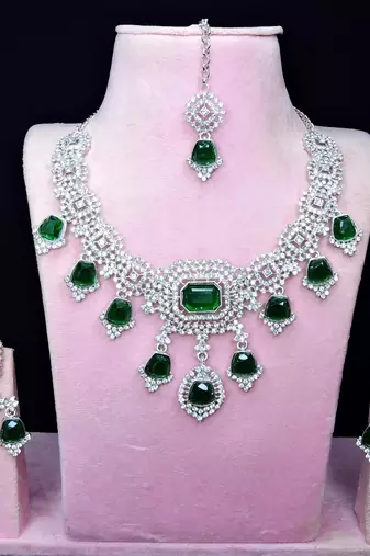 Green rhodium premium designer american diamond and stone work necklace set