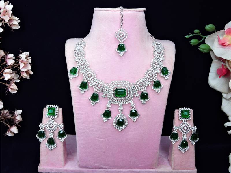 Green rhodium premium designer american diamond and stone work necklace set