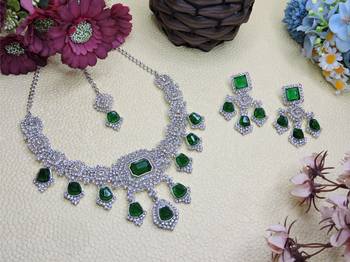 Green rhodium premium designer american diamond and stone work necklace set 2