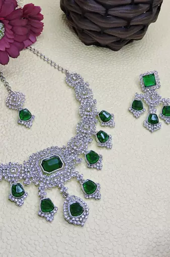 Green rhodium premium designer american diamond and stone work necklace set
