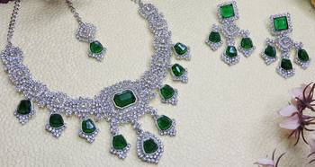 Green rhodium premium designer american diamond and stone work necklace set 3