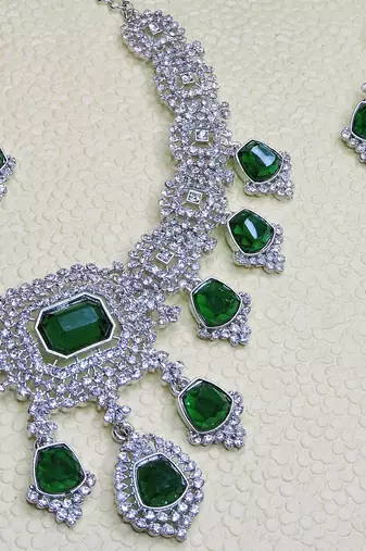 Green rhodium premium designer american diamond and stone work necklace set