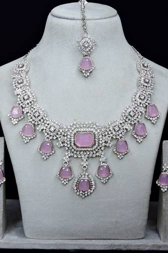 Purple rhodium premium designer american diamond and stone work necklace set