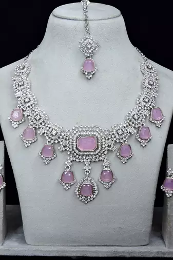 Purple rhodium premium designer american diamond and stone work necklace set