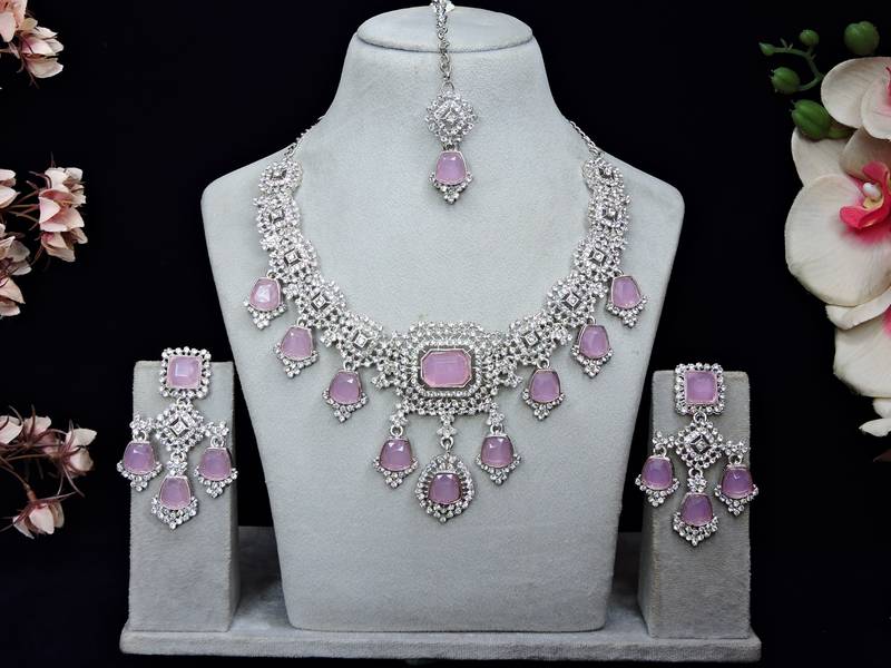 Purple rhodium premium designer american diamond and stone work necklace set