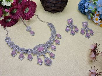 Purple rhodium premium designer american diamond and stone work necklace set 2