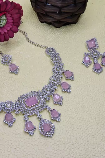 Purple rhodium premium designer american diamond and stone work necklace set