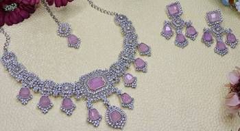Purple rhodium premium designer american diamond and stone work necklace set 3