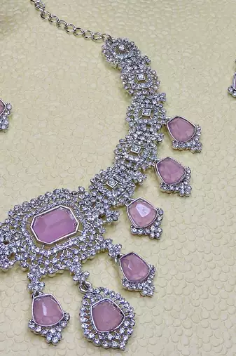Purple rhodium premium designer american diamond and stone work necklace set